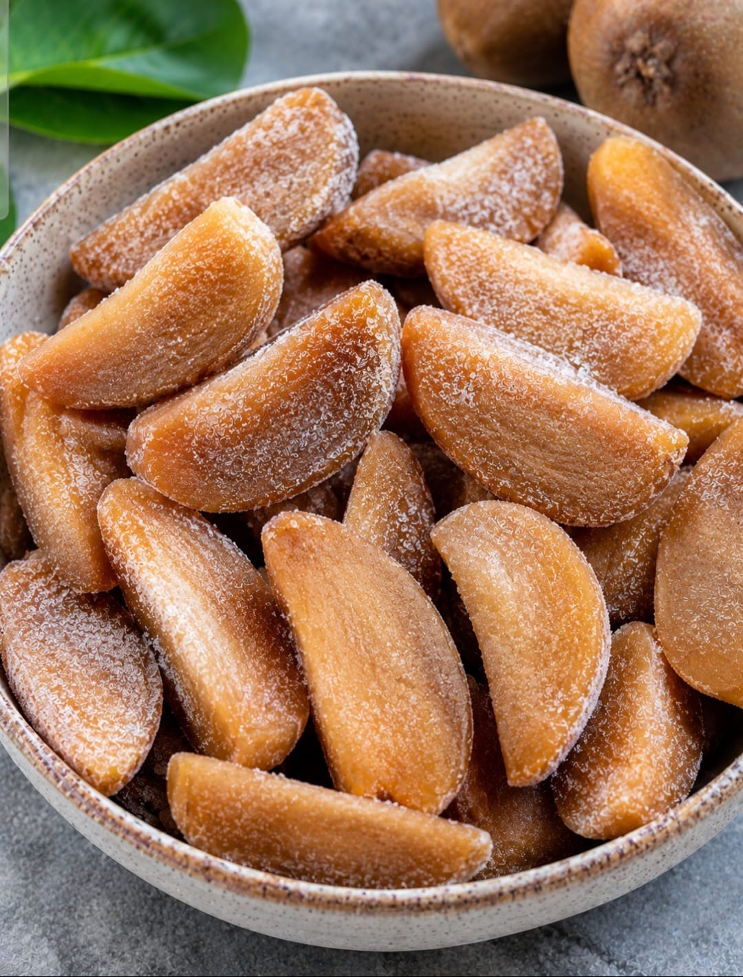 Frozen chikoo slices